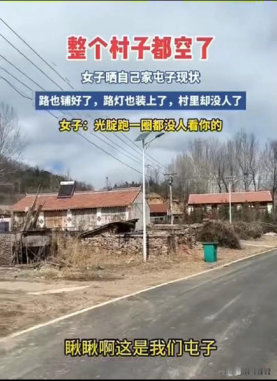 东北姑娘晒自己家的屯子，
整个村都空了，
房子盖好了，路灯也装上，
路也修好了，