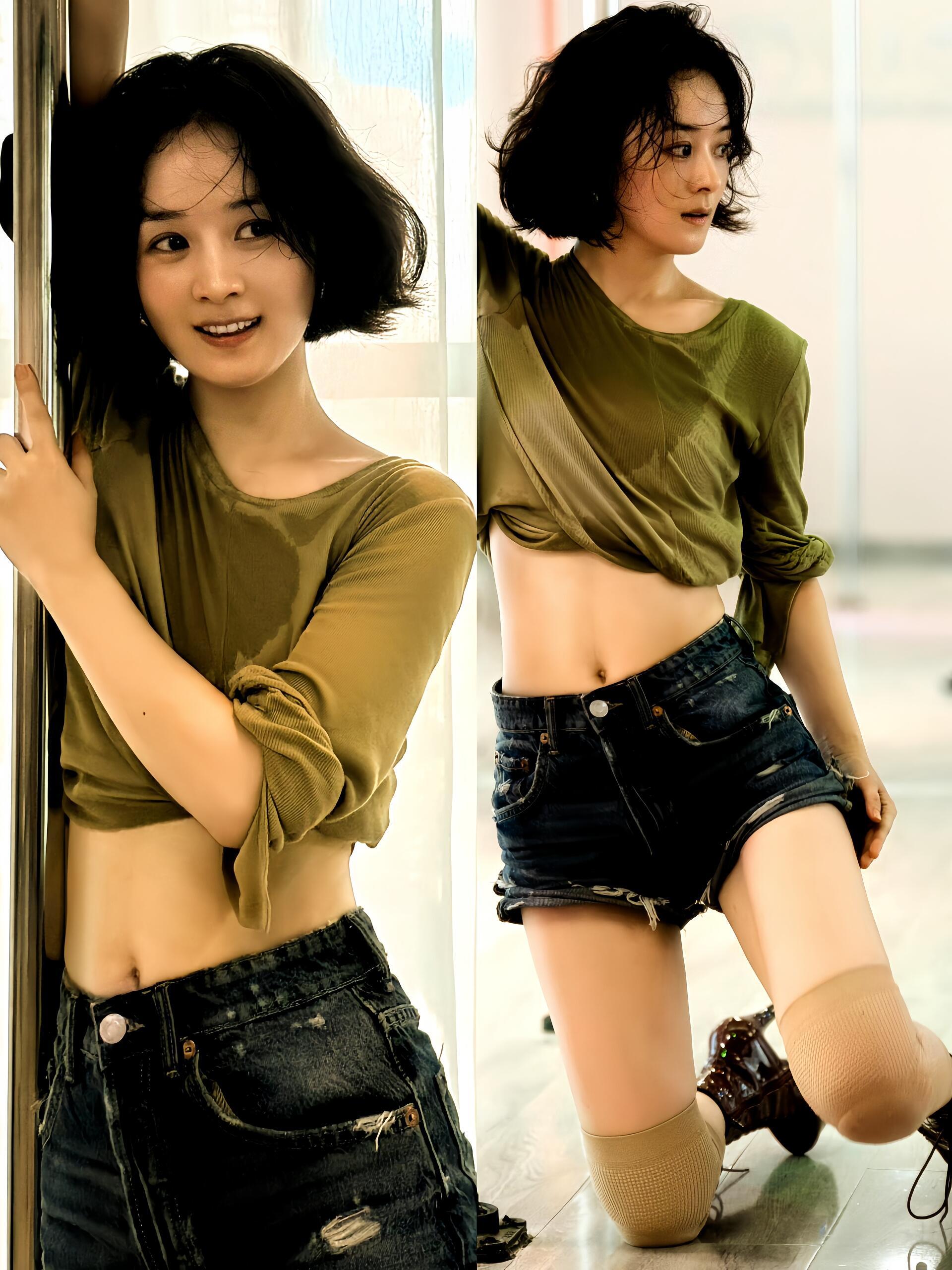 额滴神哪 这样的丽颖我从未见过。。。丽颖这组练舞室照片露出小蛮腰和大长腿，好身材