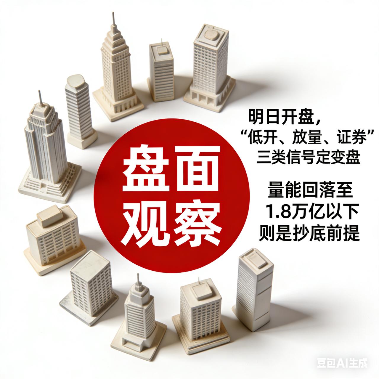 盘面观察：明日开盘，“低开、放量、证券”三类信号定变盘，量能回落至1.8万亿以下