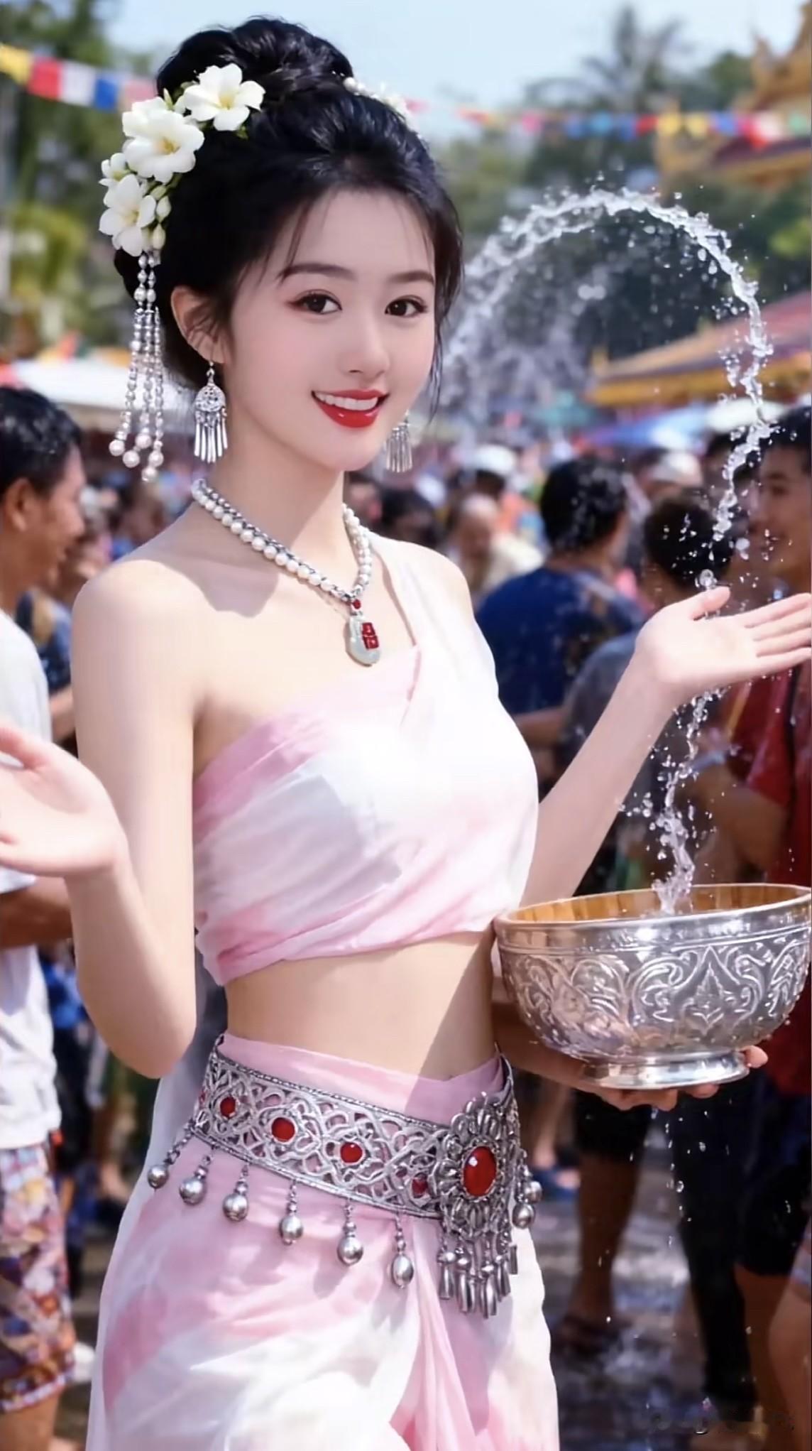 身着传统服饰，手捧银碗，水花四溅，尽显节日庆典的欢乐氛围！🌺💃🏻傣风泼水照