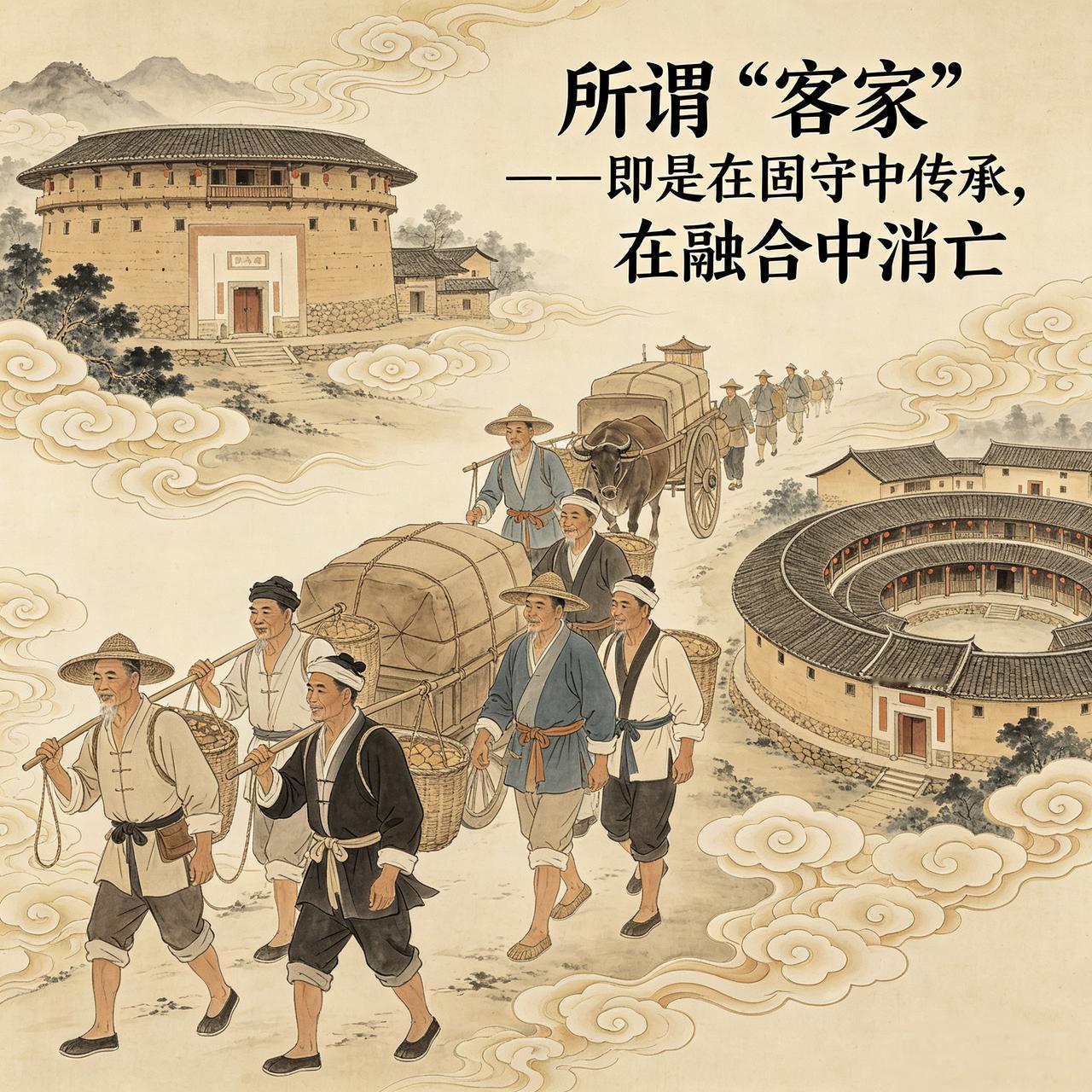 所谓“客家”--即是在固守中传承，在融合中消亡。
战争动乱，是产生“客家人”的最