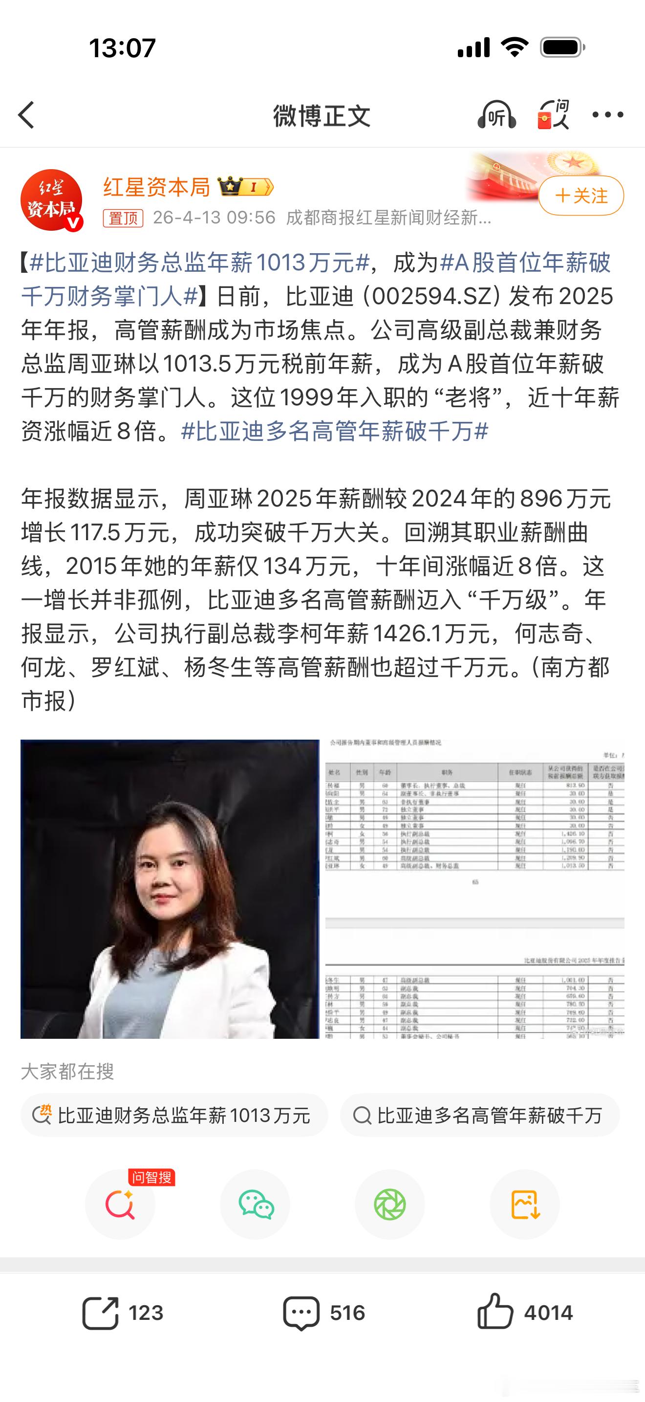 比亚迪财务总监年薪1013万元我的第一反应是深圳房子贵有贵的道理 天津·中国天津