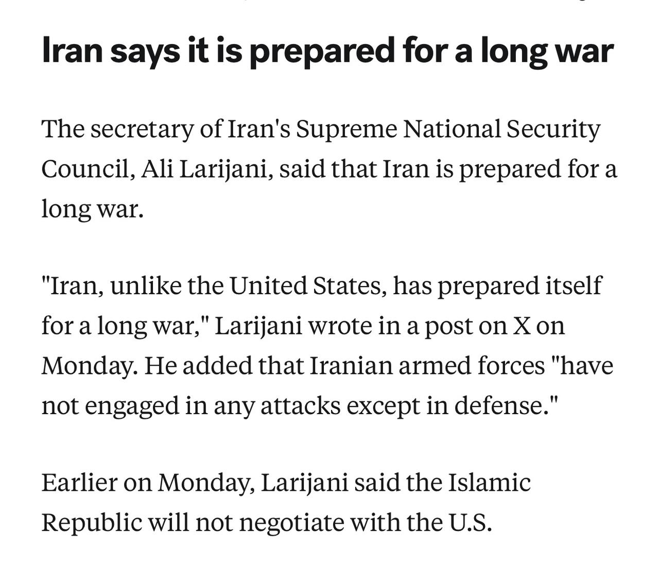 伊朗最高国家安全委员会秘书阿里·拉里贾尼周一在X网站上发帖称，伊朗“已为一场持久