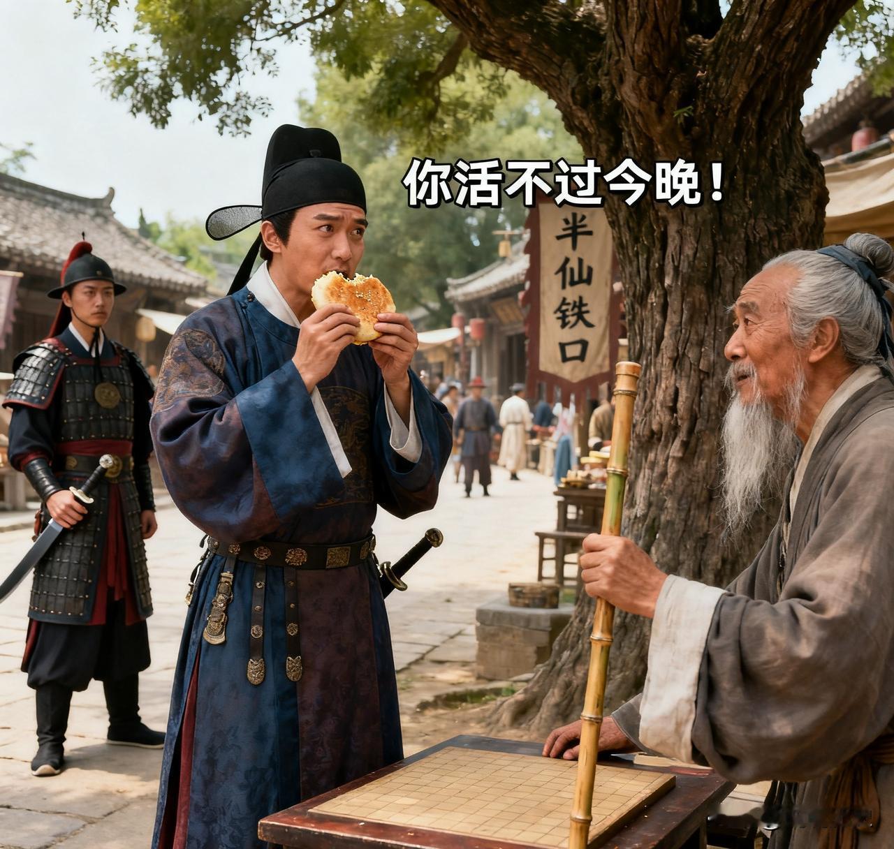 朱元璋在路边啃烧饼时，突然听到一句：“你活不过今晚！”
 
刚咬下的烧饼渣差点呛