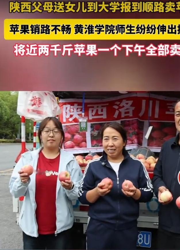 陕西一对夫妻送女儿到黄淮学院报到，车上顺带拉来了自家的洛川苹果打算售卖，可苹果销
