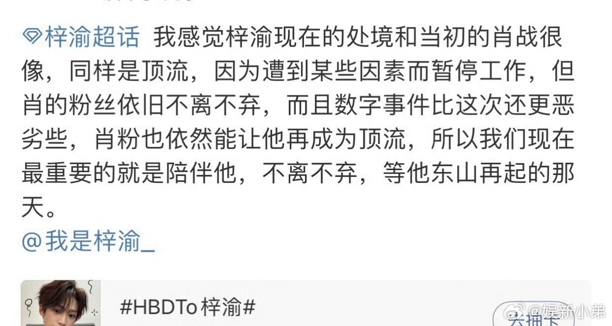 “感觉梓渝现在的处境和当初的肖战很像，同样是顶流，同样因为某些因素而暂停工作。我