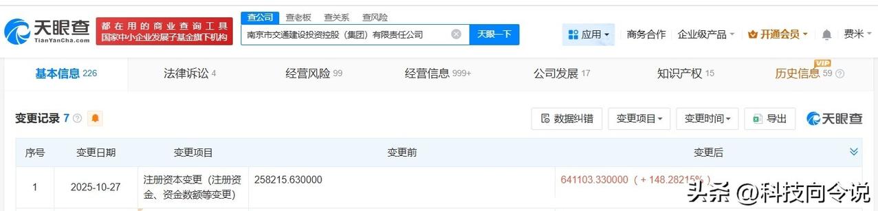 【南京市交通建设投资控股集团增资至约64.1亿 增幅约148%】
天眼查App显