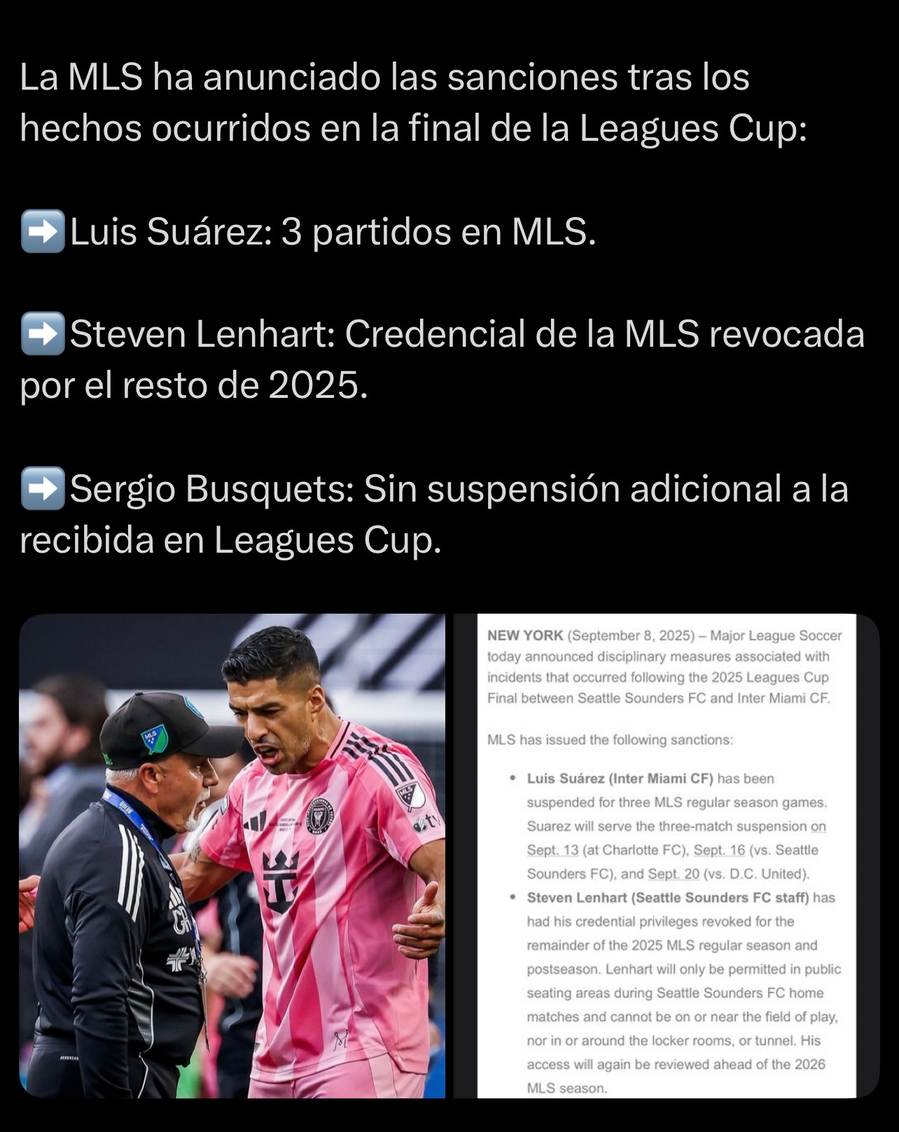 MLS宣布了联赛杯决赛事件后的处罚措施：➡️路易斯·苏亚雷斯：禁赛3场MLS常规