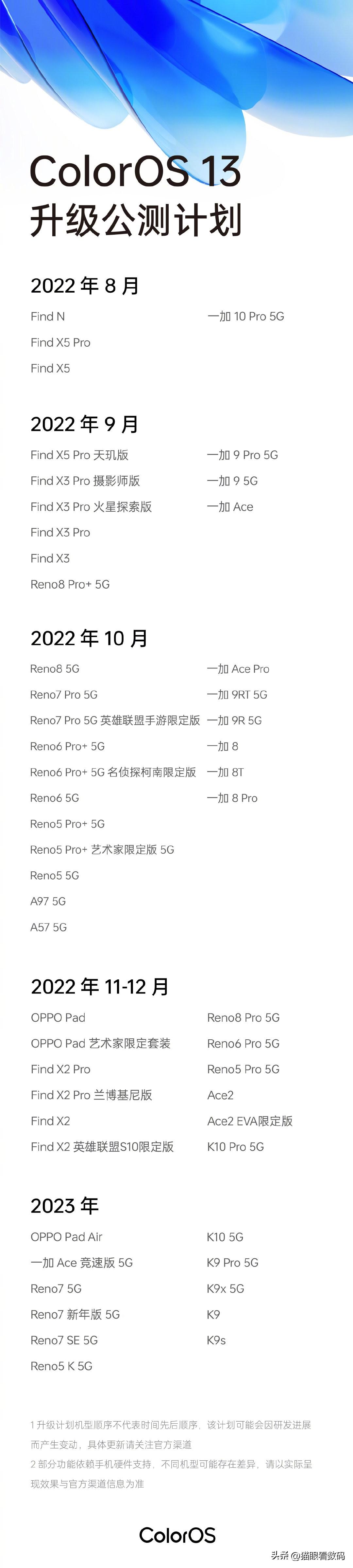 ColorOS 13升级公测计划已经公布，除了已经公测的OPPO Find X5