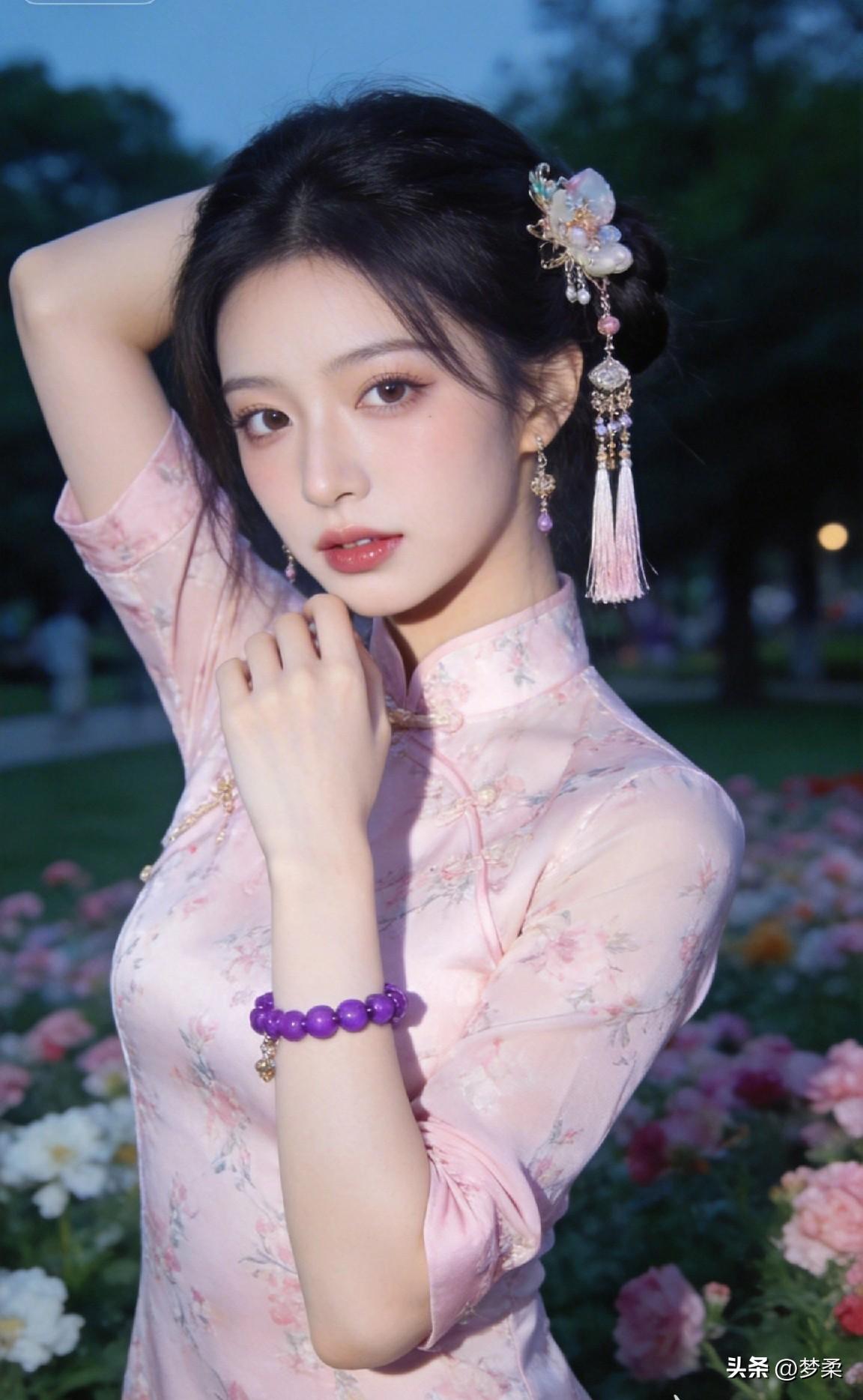 粉嫩花裙少女，花海中的梦幻仙子