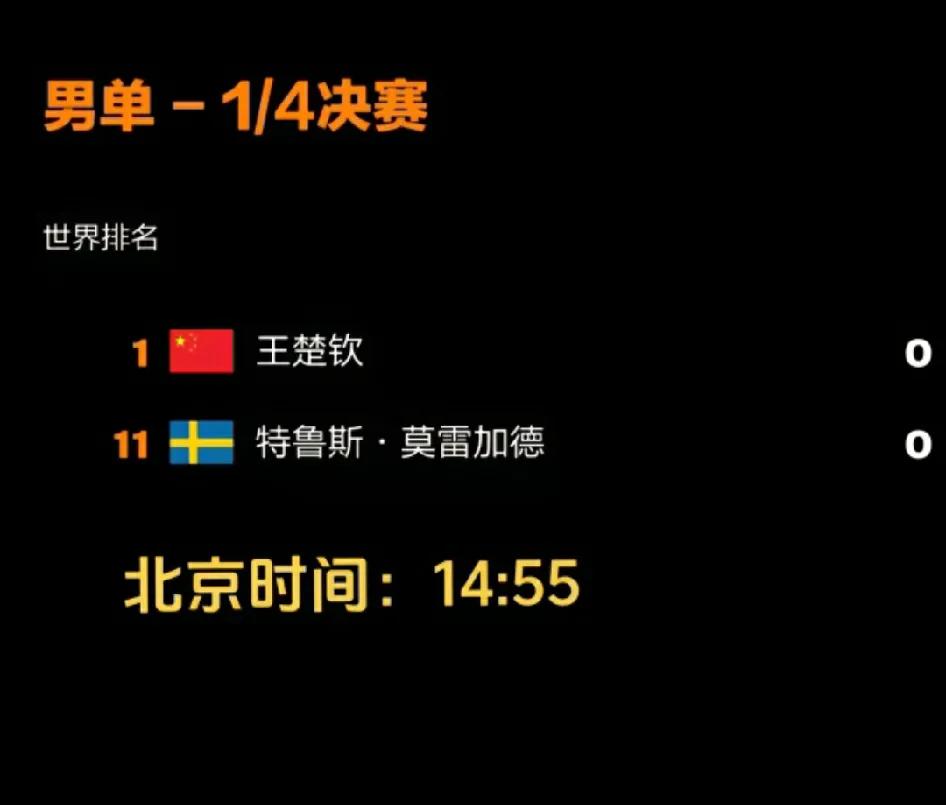 王楚钦一雪前耻的机会来啦！
他将于下午对阵莫雷加德，如果再爆冷，就没有未来可期了