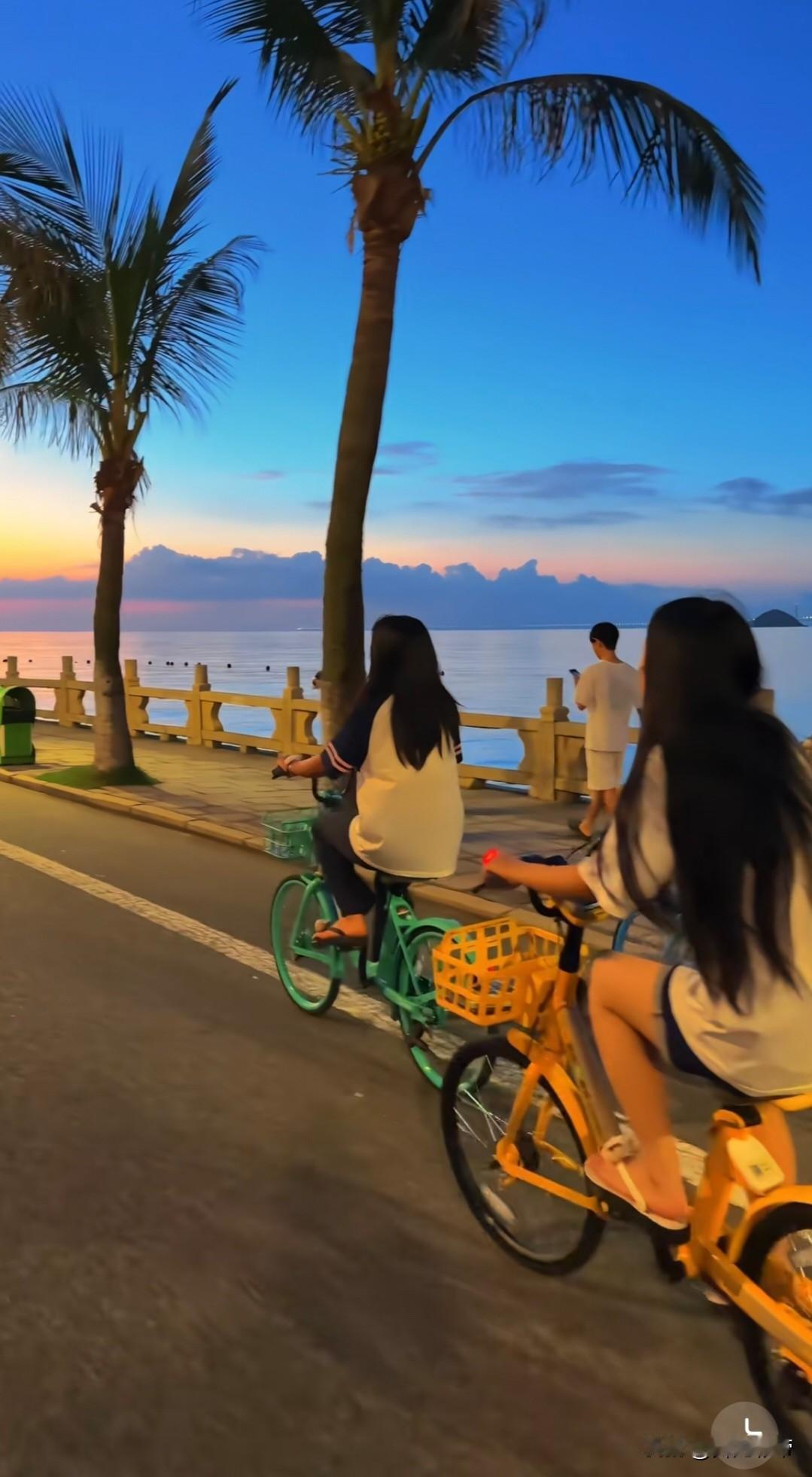 很喜欢这样悠然自在的氛围感。黄昏时分，海边的道路上，两个女孩骑着单车，沿着海岸线