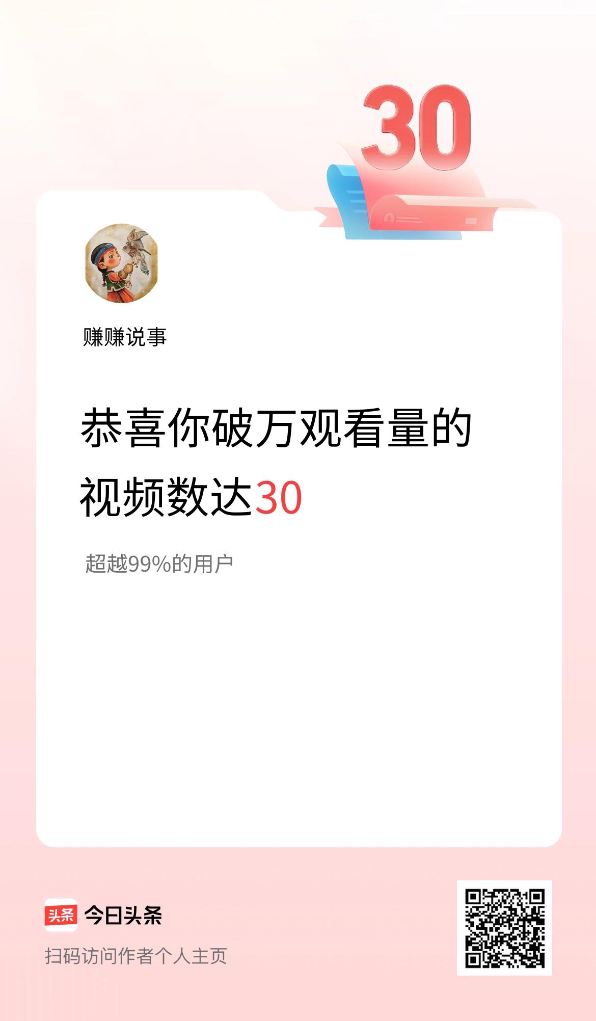 我在头条有30条视频播放量破万了！