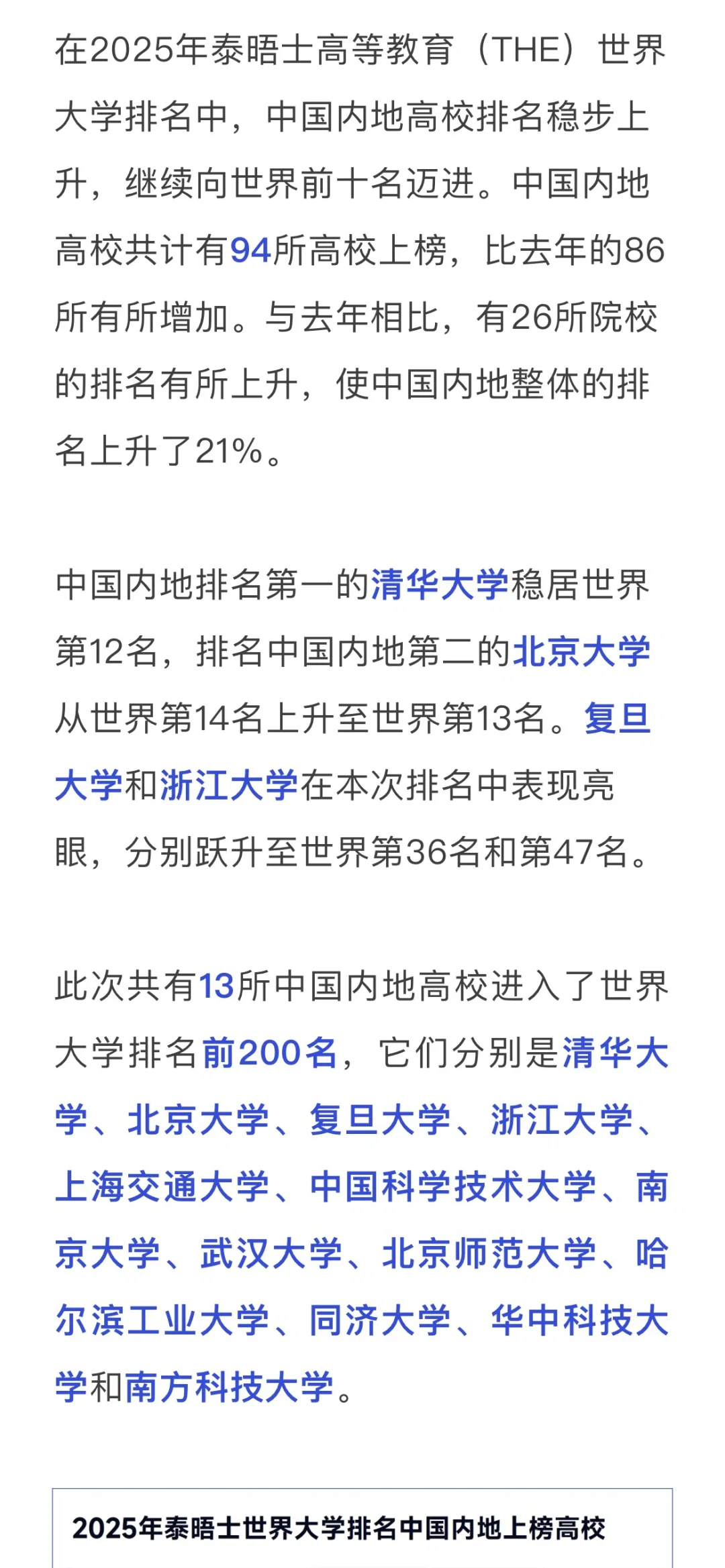 重磅！2025泰晤士中国大学排名榜