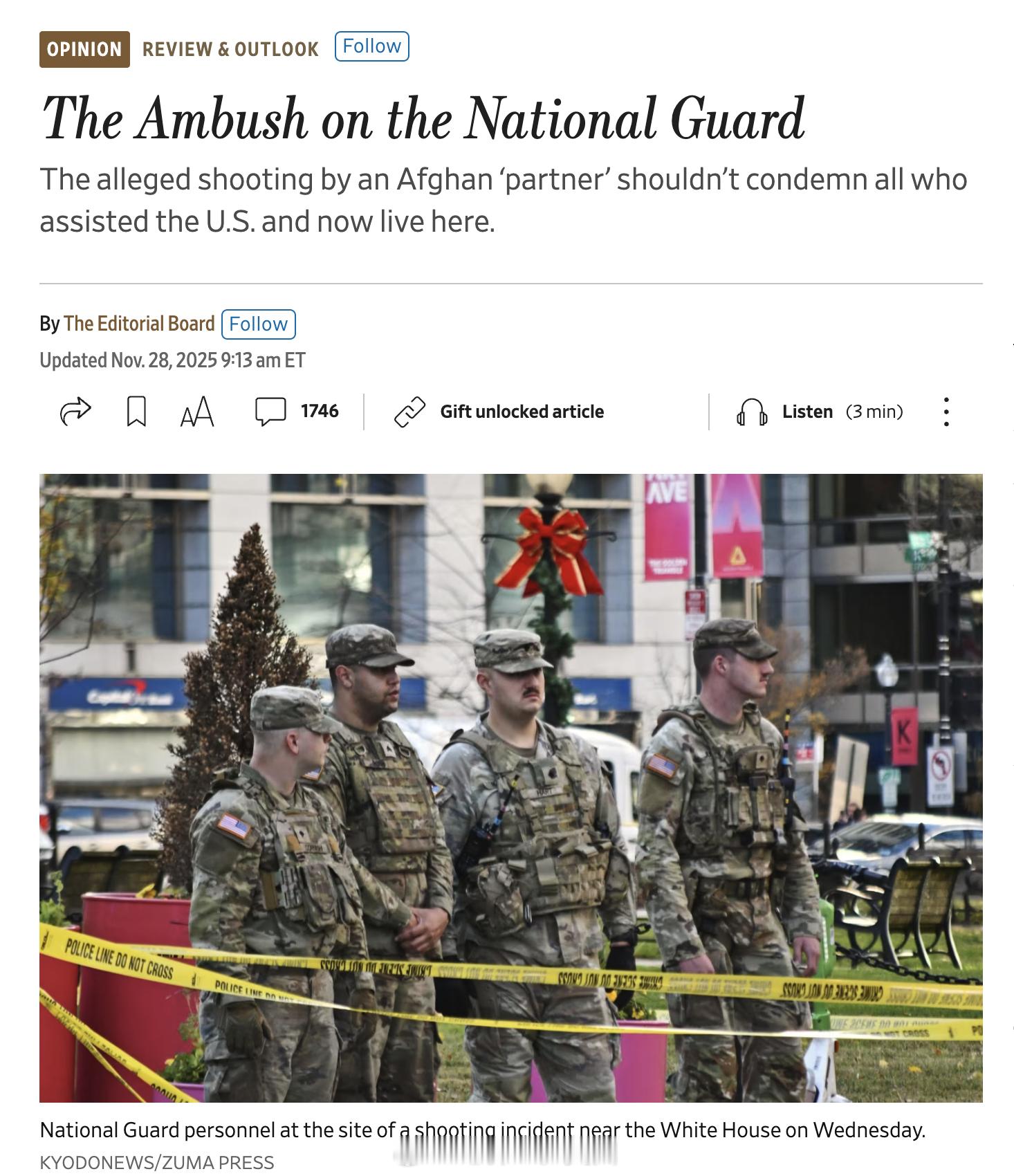 <华尔街日报>关于国民警卫队成员遭阿富汗移民袭击的社论文章：“尽管审查再严格也不