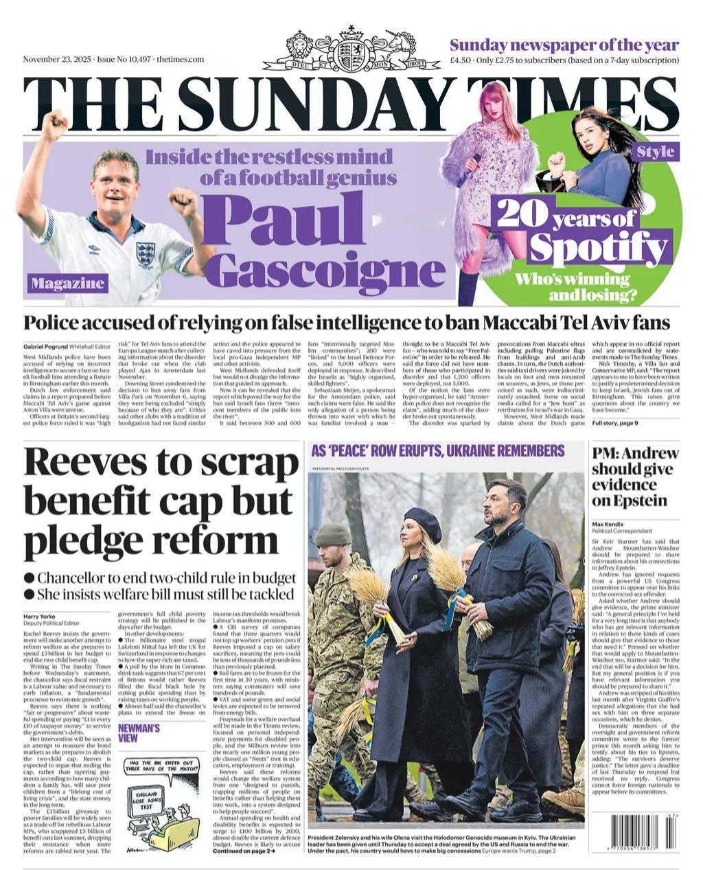 《星期日泰晤士报》头版称，随着俄乌“和平”谈判陷入僵局，乌克兰大规模举行铭记历史