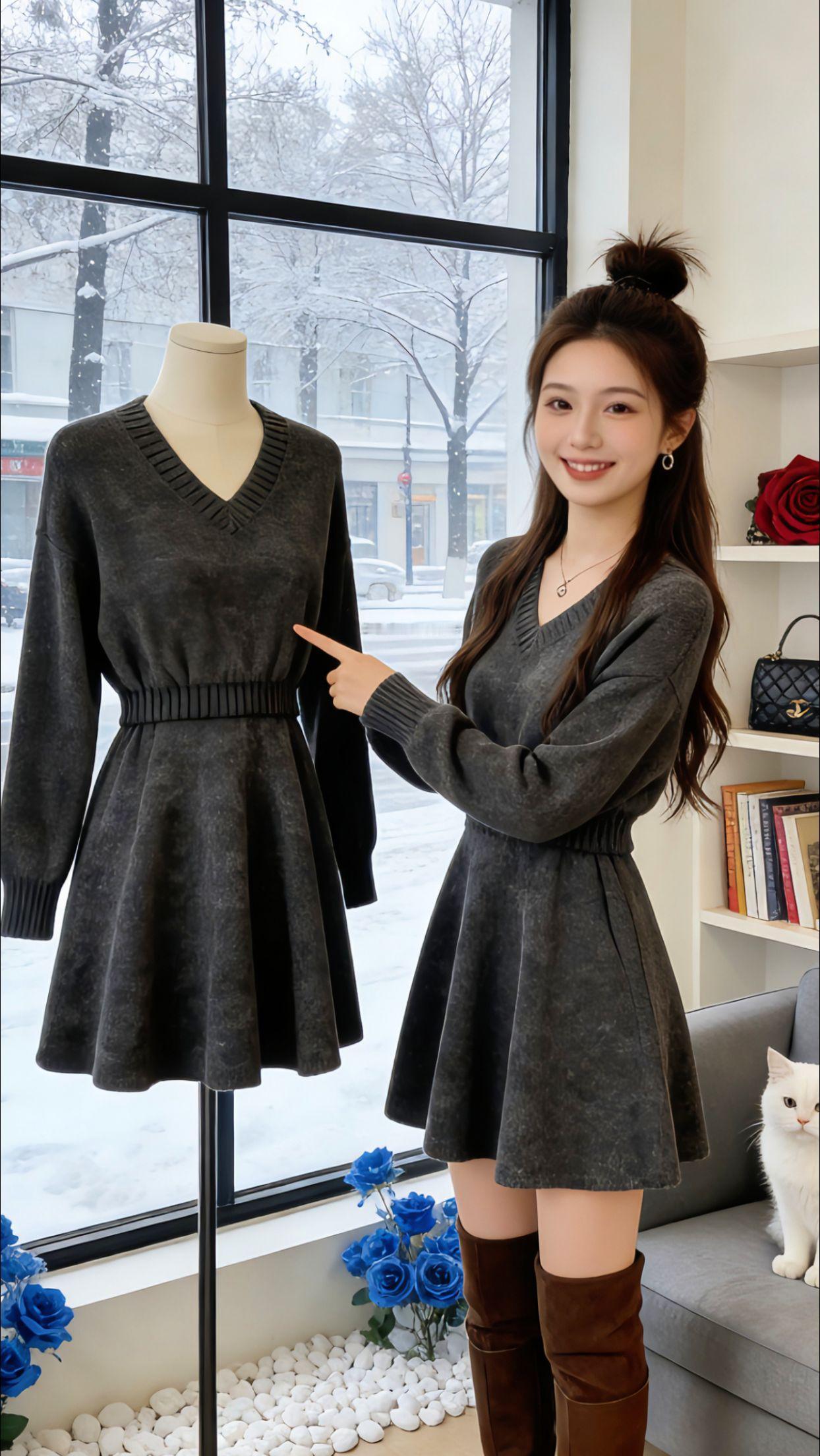 雪天的街边小店，Danny身上的灰色针织裙成了全场温柔担当。V领点缀精致纹理，收