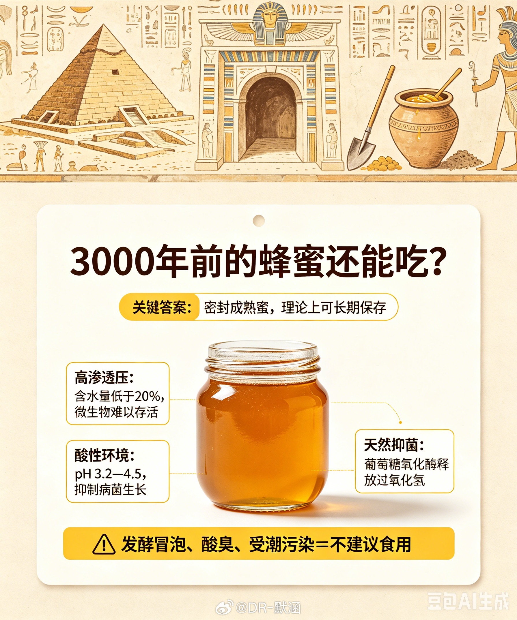 天然成熟蜂蜜在密封条件下能实现超长的保存期。考古学家曾在埃及古墓中发现距今330
