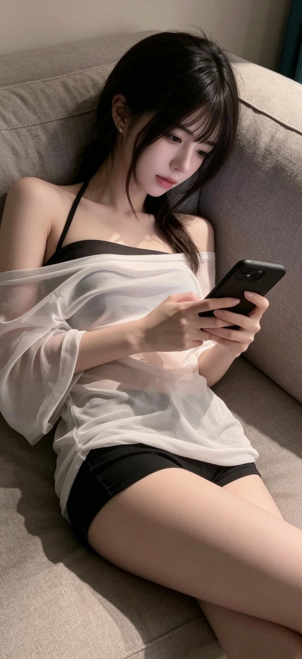 慵懒随拍｜纯欲感的松弛日常
暖调沙发作衬，黑色抹胸搭配白色透视罩衫，黑白撞色自带