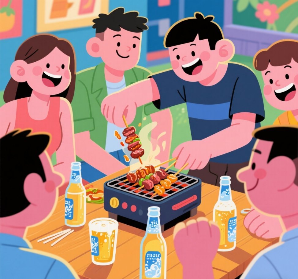 谁懂夏天烧烤啤酒好友的含金量夏天的快乐多简单啊，傍晚吹着小风，炭火滋滋冒油，烤串