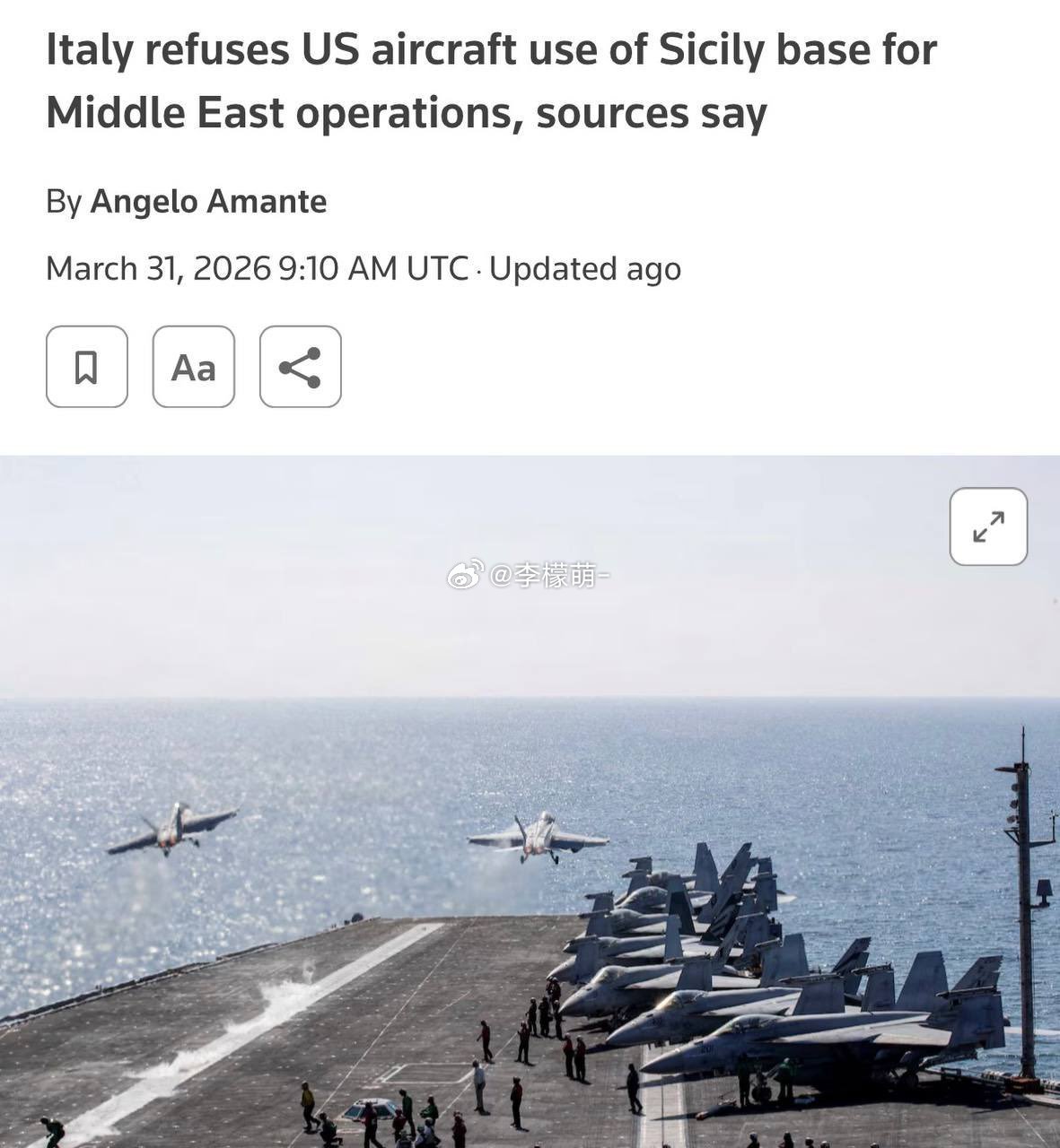 路透社报道，意大利拒绝美国使用位于西西里岛的空军基地执行中东军事行动。美国未事先