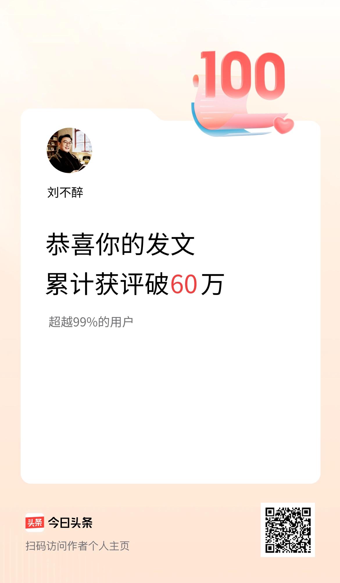 我在头条累计获评论量破60万啦！