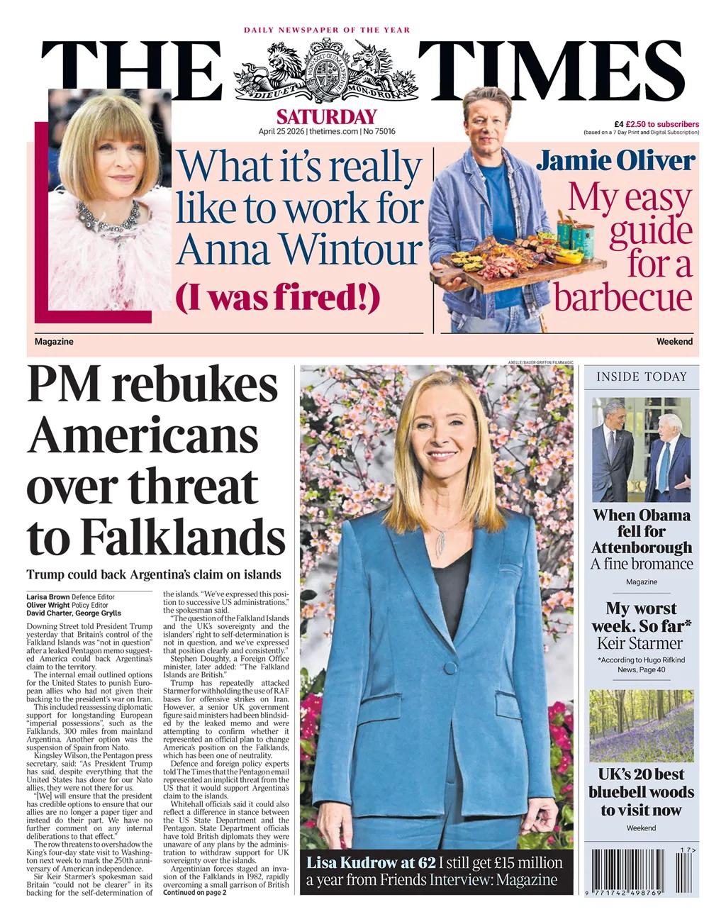 《泰晤士报》以唐宁街为头条报道，称英国对福克兰群岛的控制“毫无疑问”。

此报道