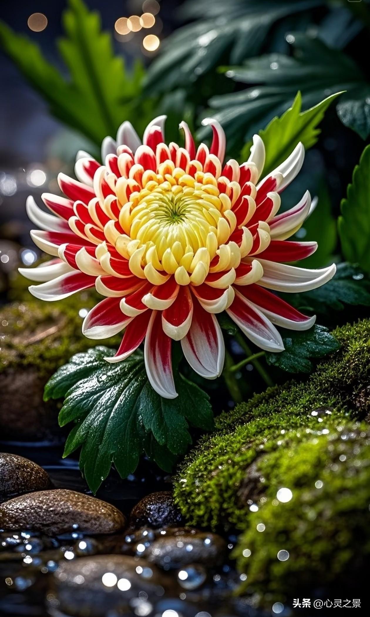 青石溪水间，青苔温润，红白镶边的秋菊亭亭舒展，花瓣缀满细碎水珠，层次分明，自带清