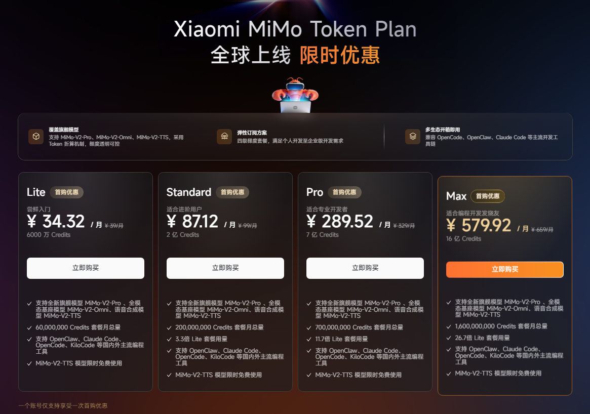 开发者 & 龙虾党狂喜！期待依旧的 Xiaomi MiMo Token Plan
