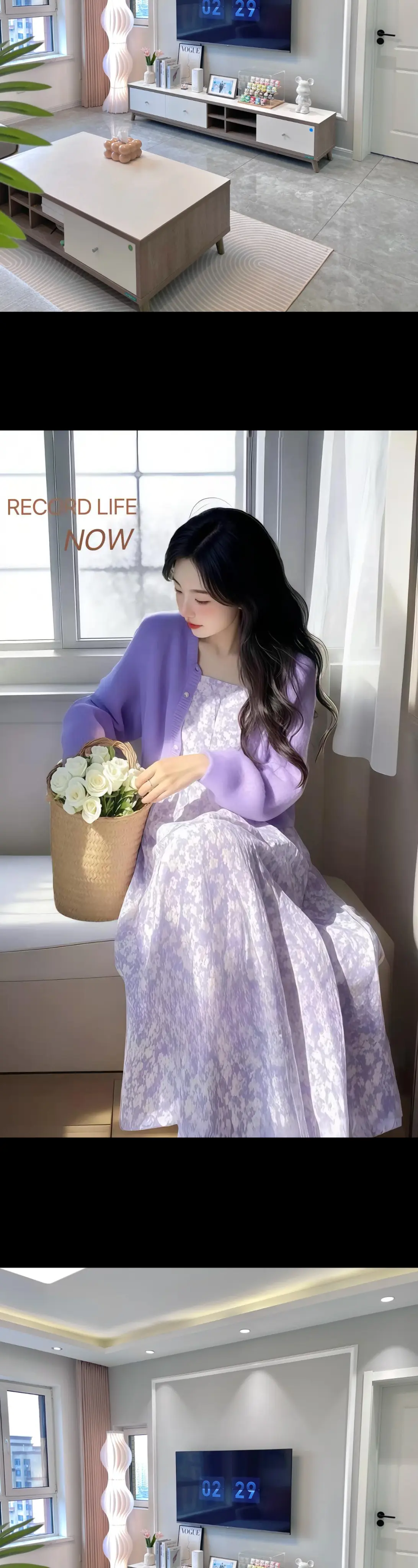 奶里奶气的薰衣草碎花裙搭配同色系针织开衫慵懒随性又显白，温温柔柔洋气又...