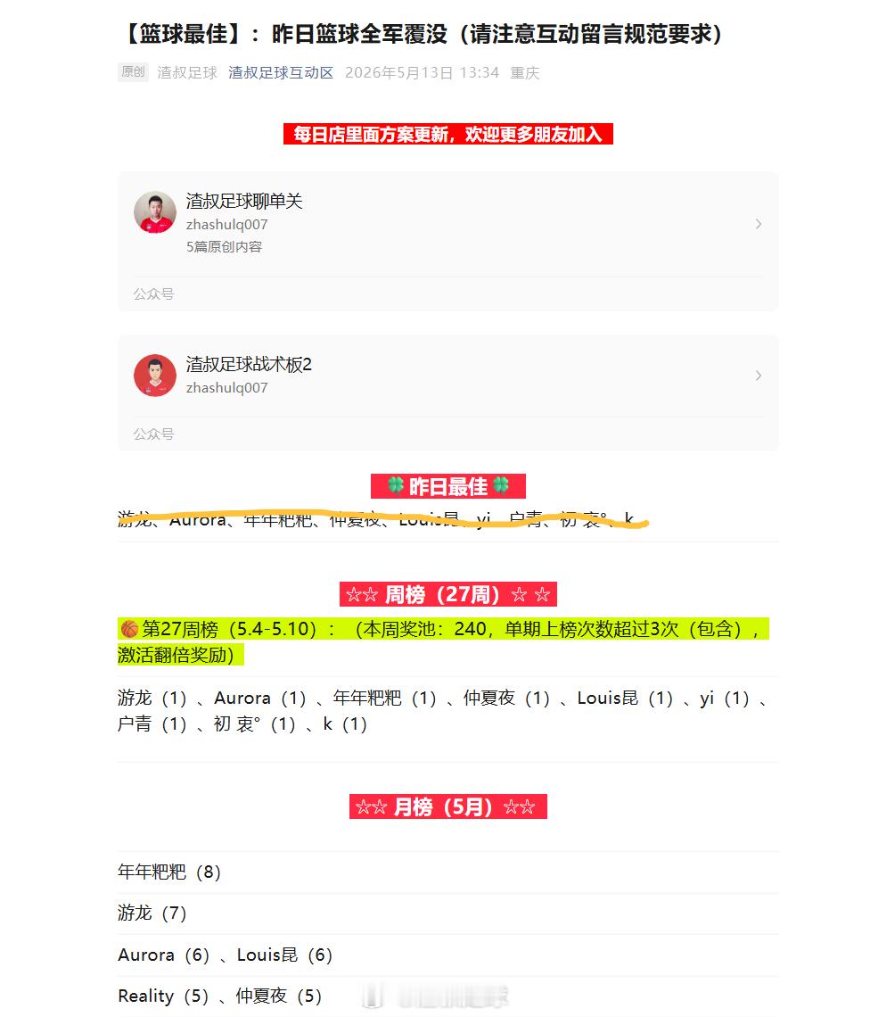【篮球最佳】：昨日篮球全军覆没（请注意互动留言规范要求） 