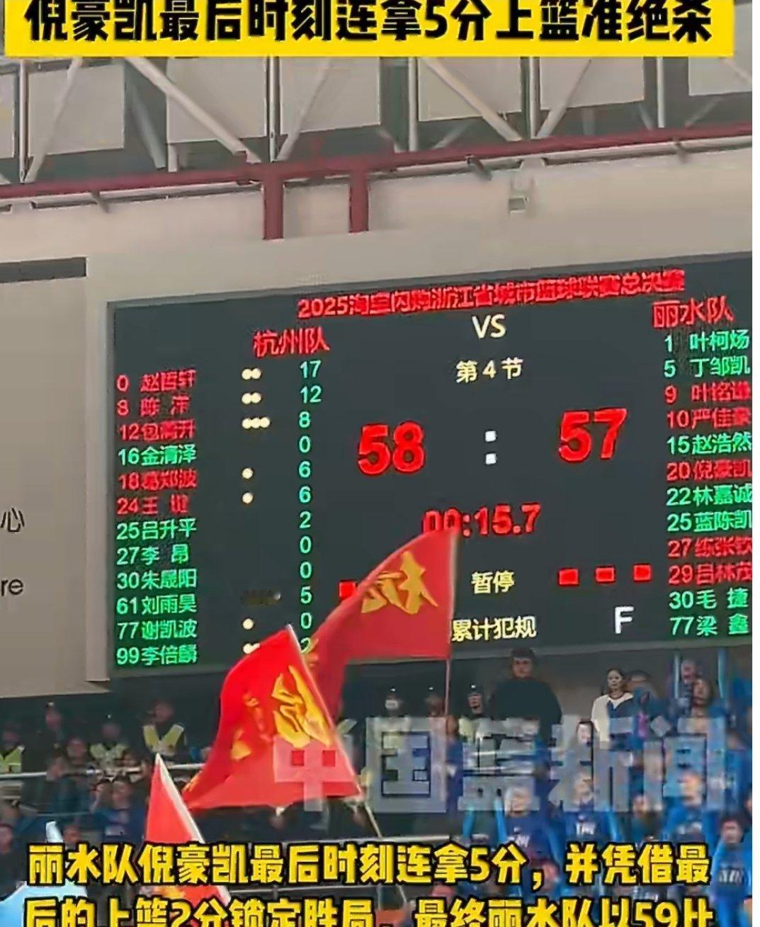 浙BA总决赛惊天逆转！丽水队倪豪凯最后时刻连砍5分准绝杀，59-58险胜杭州拖入