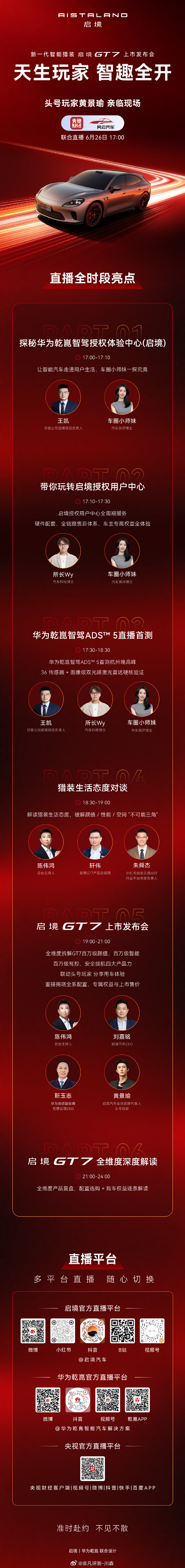 天生玩家 智趣全开 启境GT7上市发布会6月26日19:00华为乾崑启境汽车启境