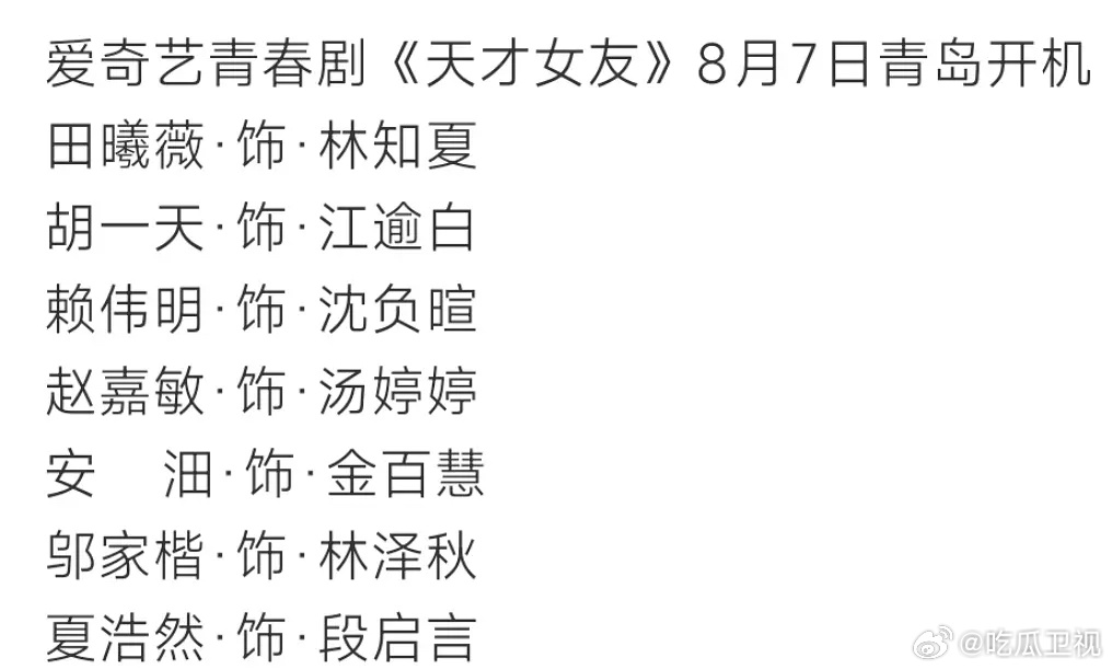 天才女友8月7日在青岛开机：田曦薇、胡一天、赖伟明、赵嘉敏、安油、邬家楷、夏浩然