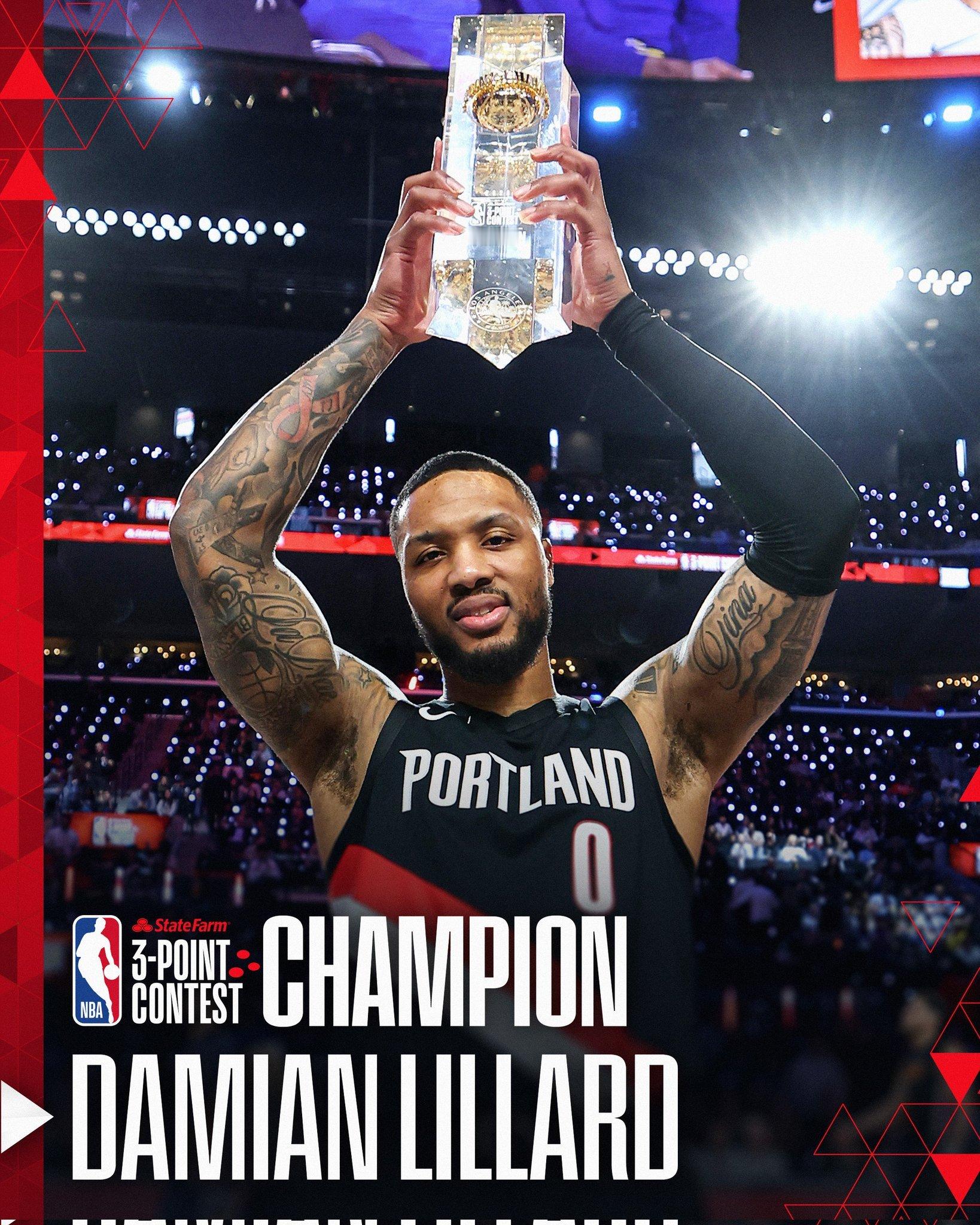 全明星周末第二天的比赛获胜者： 三分球大赛：达米安利拉德🎯（没想到一个赛季不打