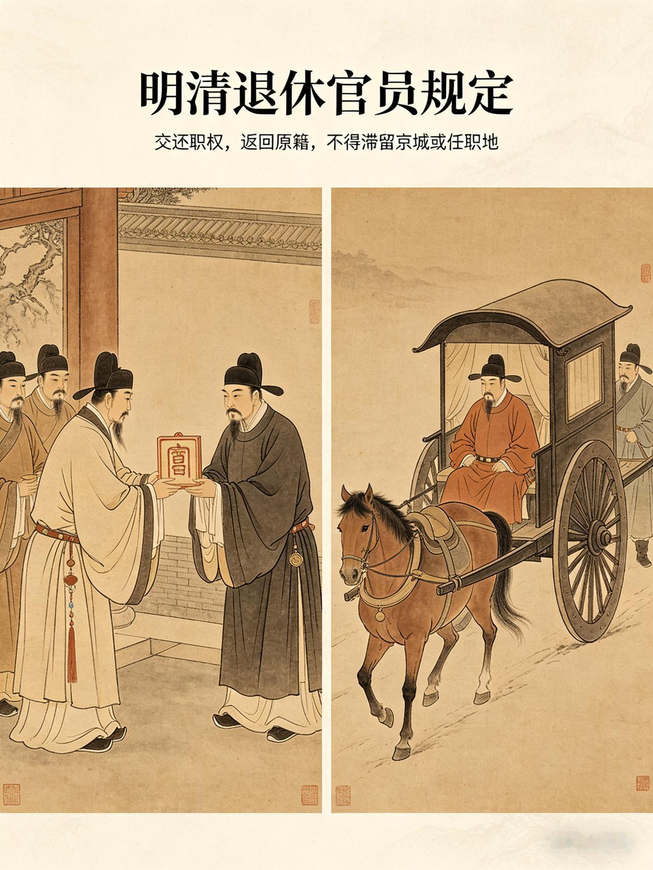 明清时期明确规定，退休官员需交还职权，并返回原籍居住 ，不得滞留京城或任职地。