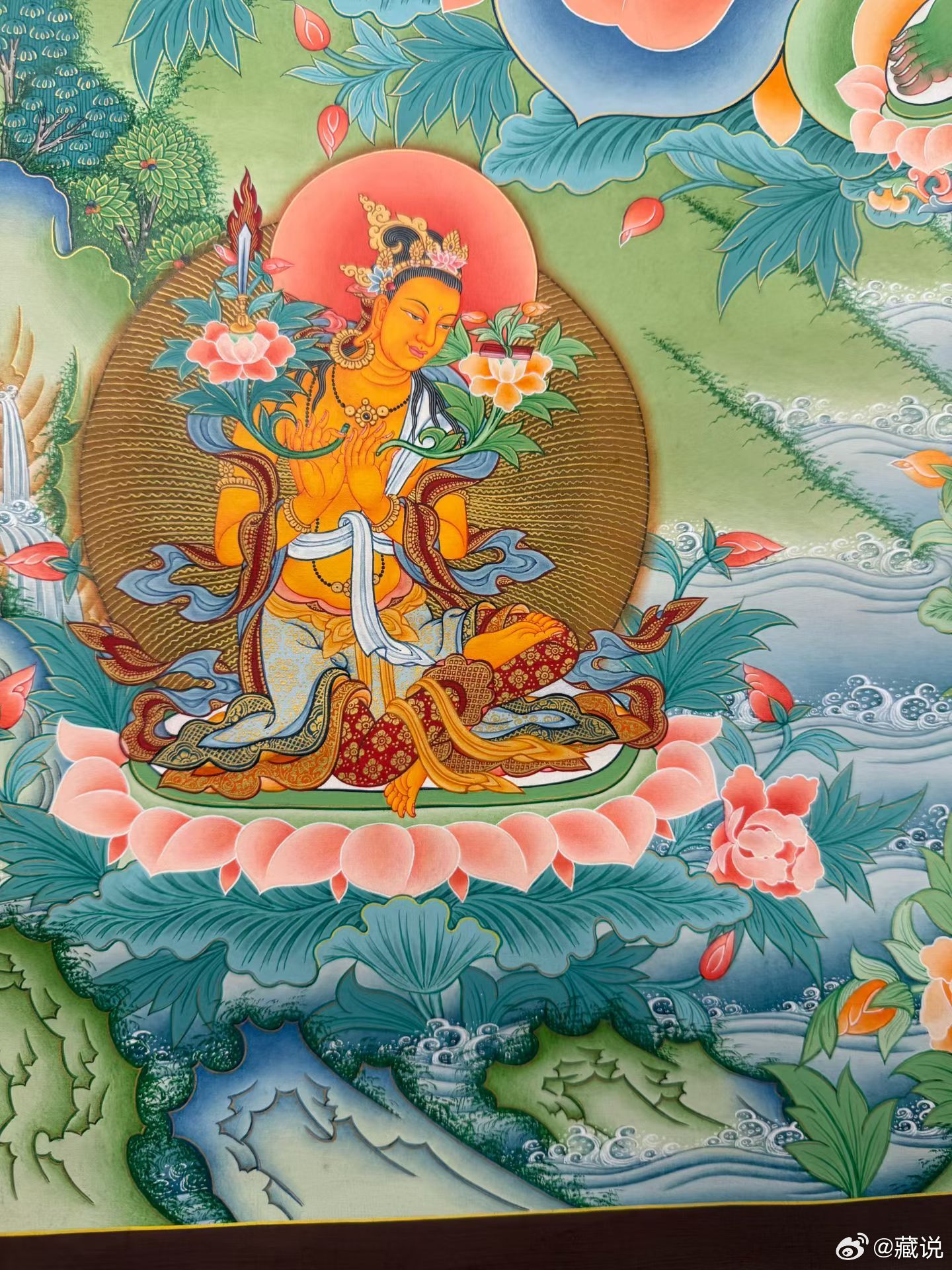 唐卡 | 伽旺师傅作品《绿度母》（尺寸60x90cm）尼泊尔高级唐卡大师伽旺师傅