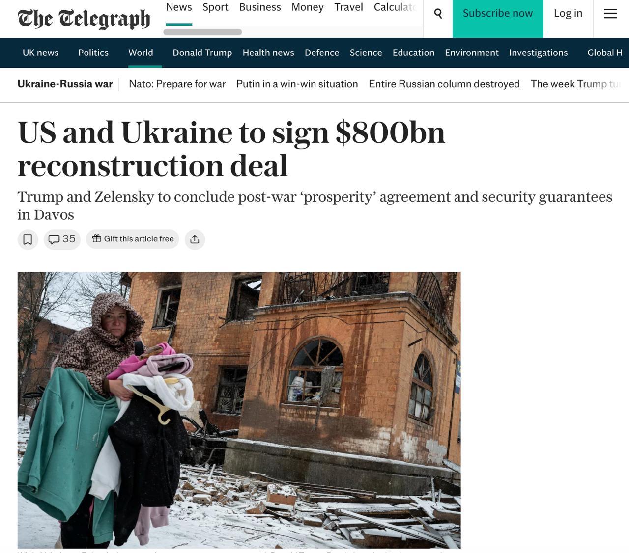 在达沃斯会议期间， 特朗普和 泽连斯基可能会签署一项价值8000亿美元的重建协议