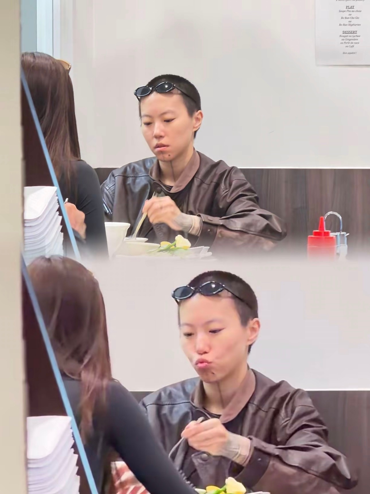 有网友在卢浮宫一家餐厅吃饭遇见窦靖童，墨镜戴在头上，穿着咖色皮衣，寸头造型也太酷