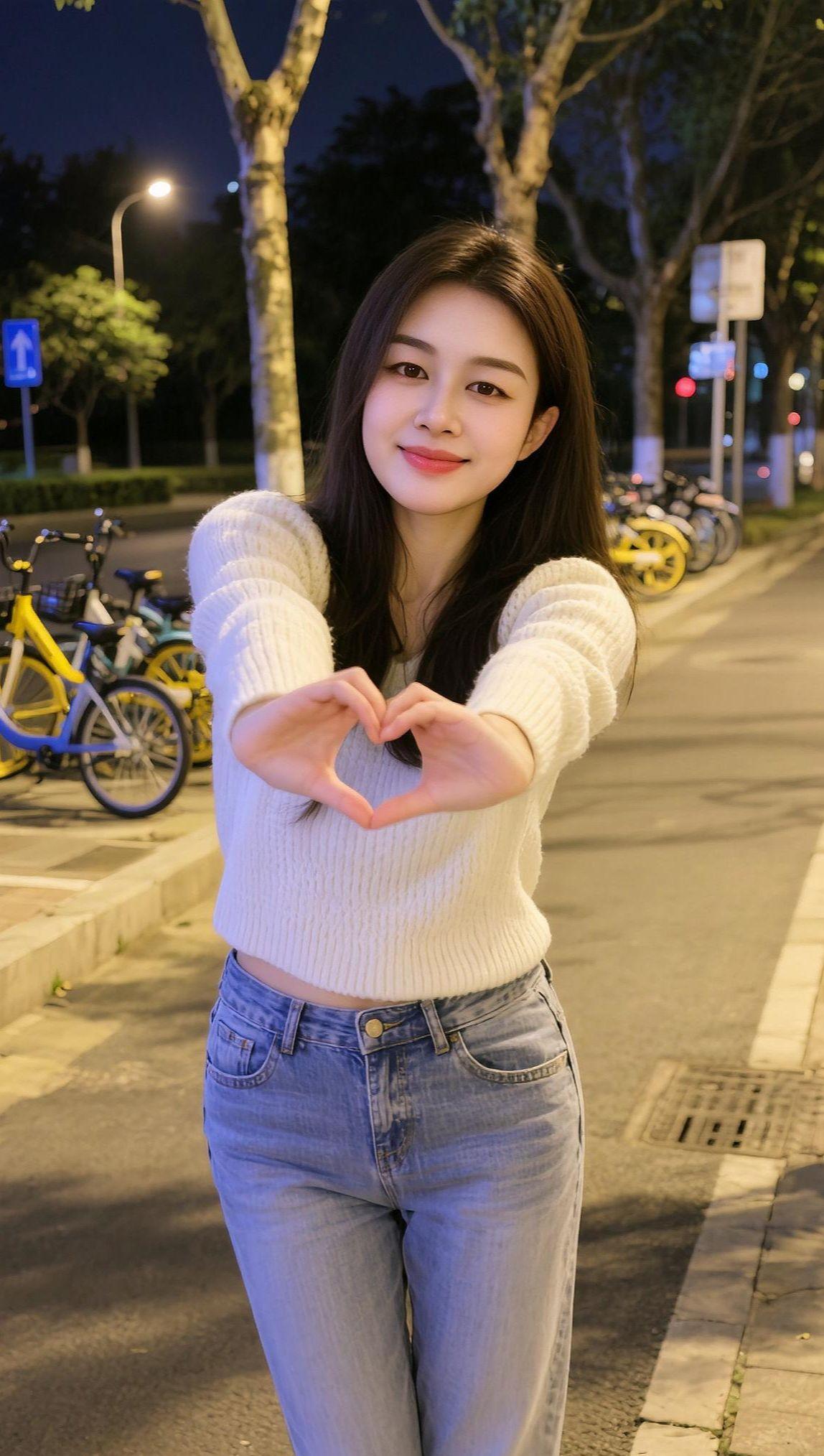 AI夜景生活照 抖音ai创作 美女 牛仔裤 美出高级感