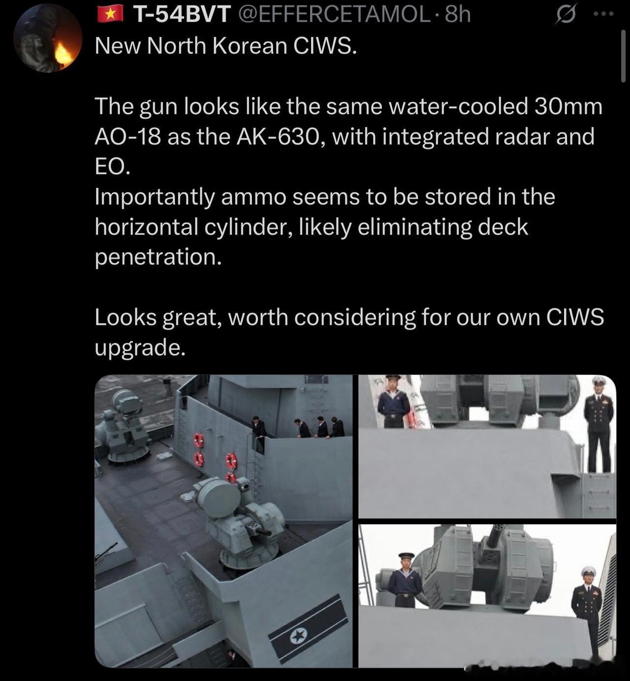 越南军迷觉得越南海军可以参考朝鲜“崔贤”号的近防炮设计，便宜且效果还行。说实话就
