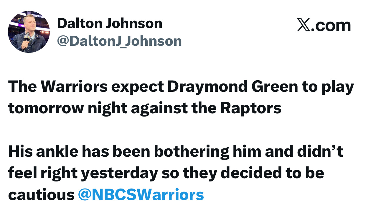 队记：勇士队预计德雷蒙德格林将在明晚对阵猛龙队的比赛中出场。今天不打他（追梦）的