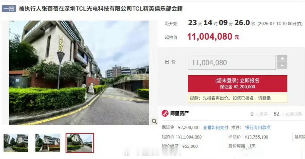 深圳一俱乐部会籍起拍价1100万被拍卖的是自然人张蓓蓓持有的深圳TCL光电科技有