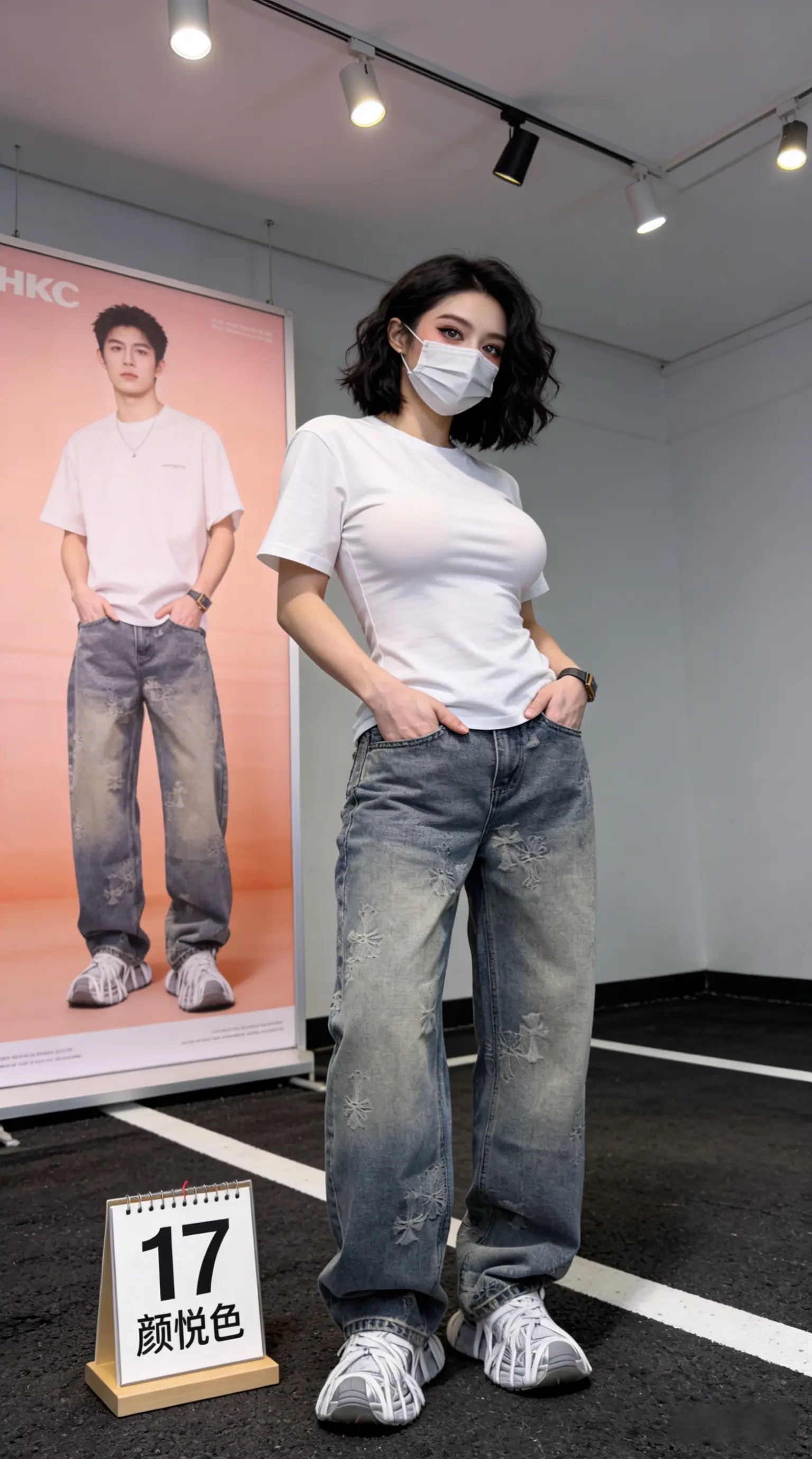 春夏款刺绣克罗男士直筒牛仔裤休闲宽松复古做旧设计感做旧水洗