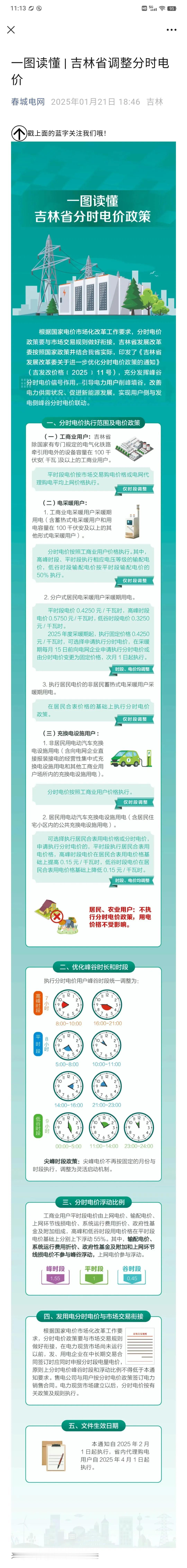 一图读懂：吉林省调整分时电价政策！