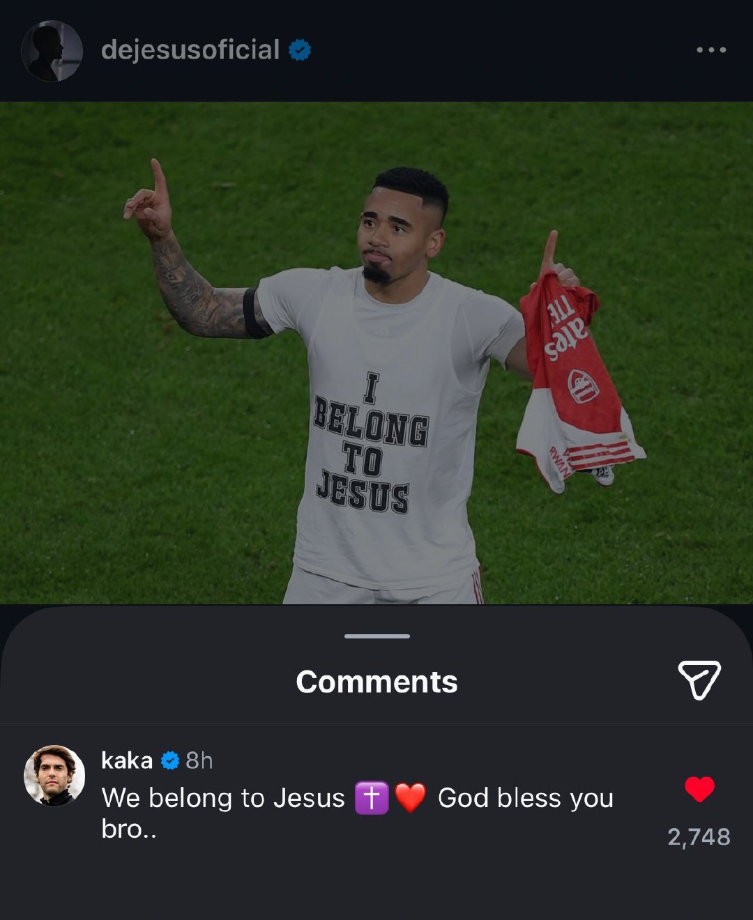 卡卡给热苏斯ins动态送上祝福阿森纳 英超联赛 热苏斯