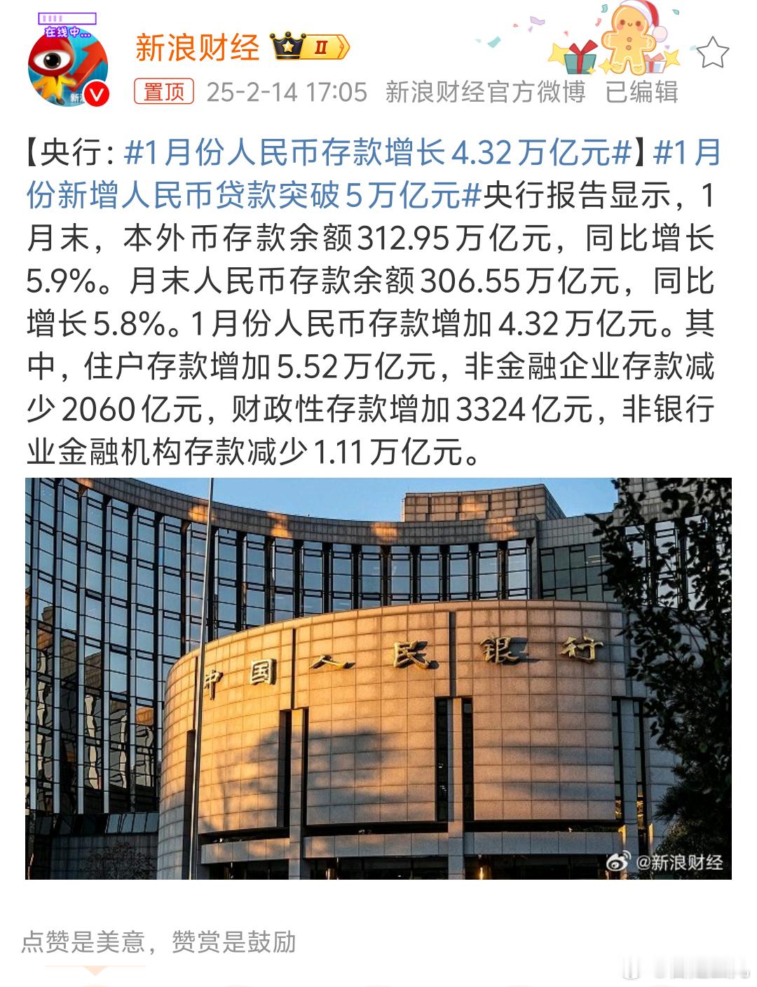 1月份人民存款增长过年期间大家都挺保守啊都去存钱了啊还是多消费吧，[笑哈哈]你不