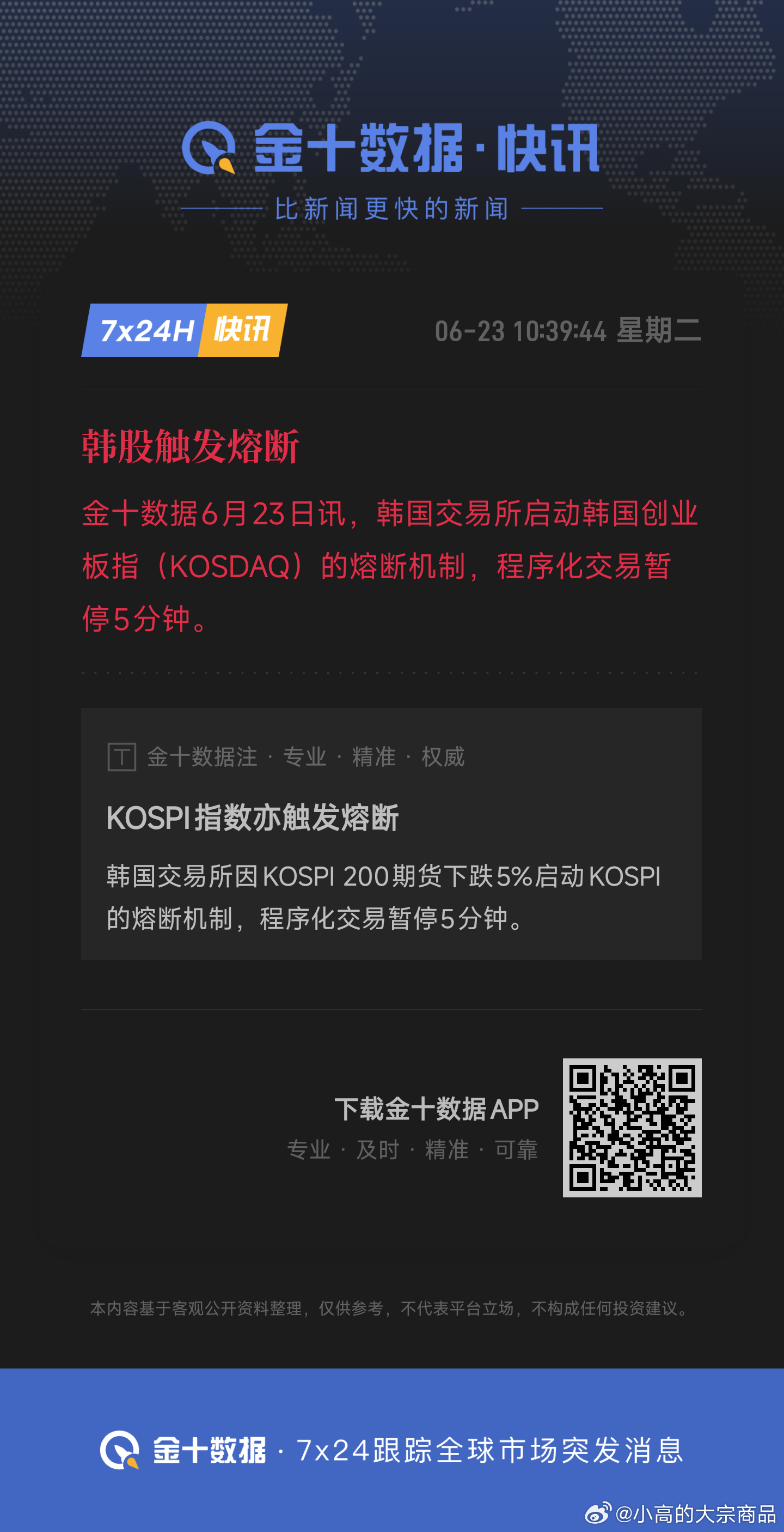 韩股触发熔断韩国交易所启动韩国创业板指（KOSDAQ）的熔断机制，程序化交易暂停