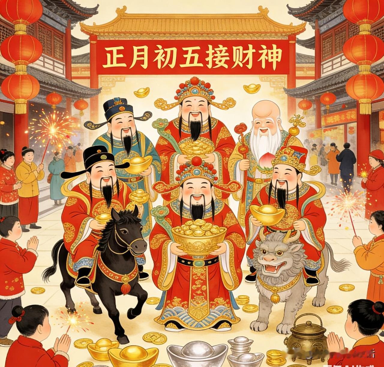 正月初五接财神，是咱们的传统年俗，热闹又喜庆！
这一天，五路财神齐聚，大家都盼着