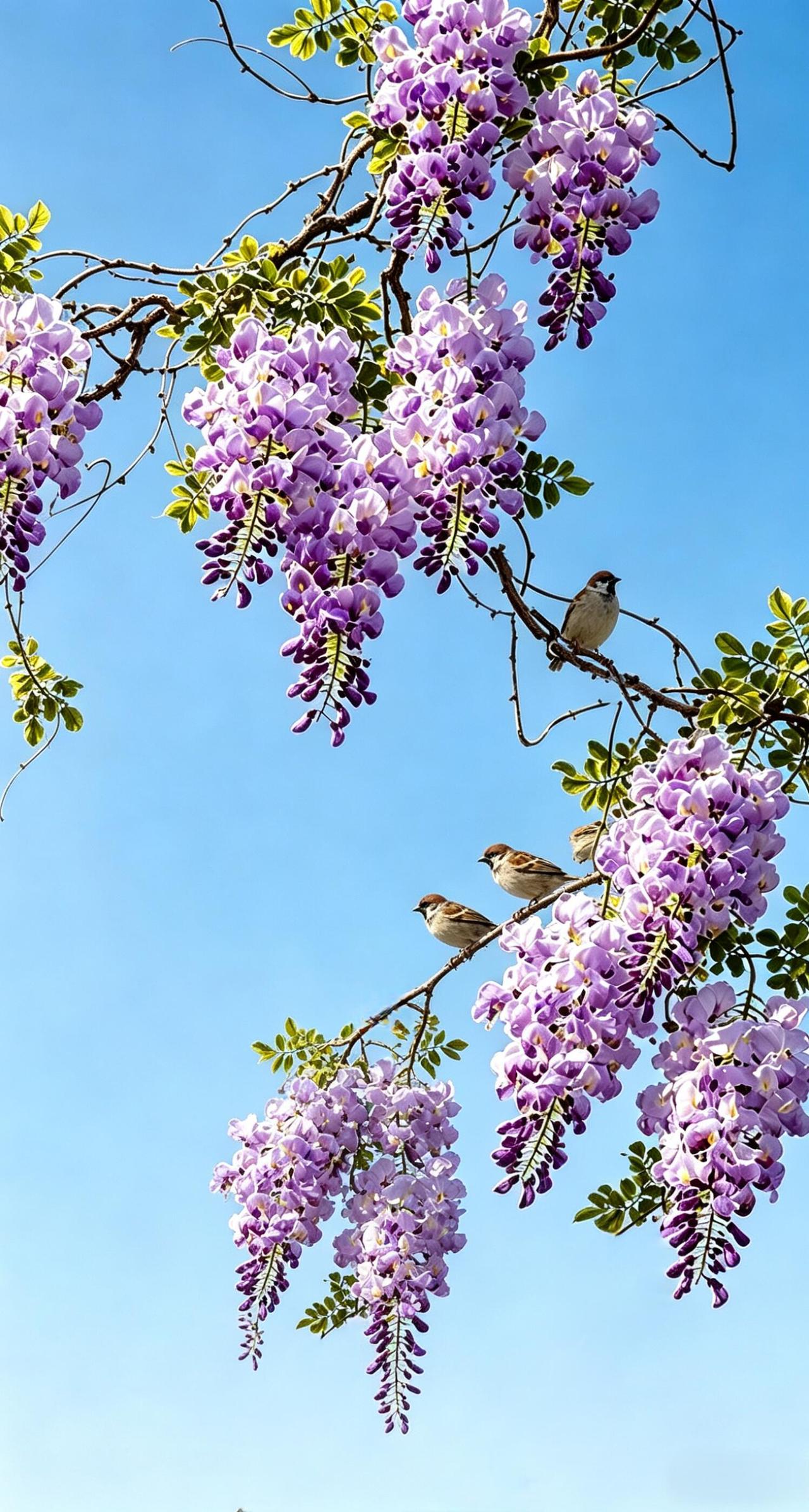 暮春的风还带着凉意，紫藤已开成了瀑布。深深浅浅的紫从檐角垂落，像谁打翻了胭脂盒。